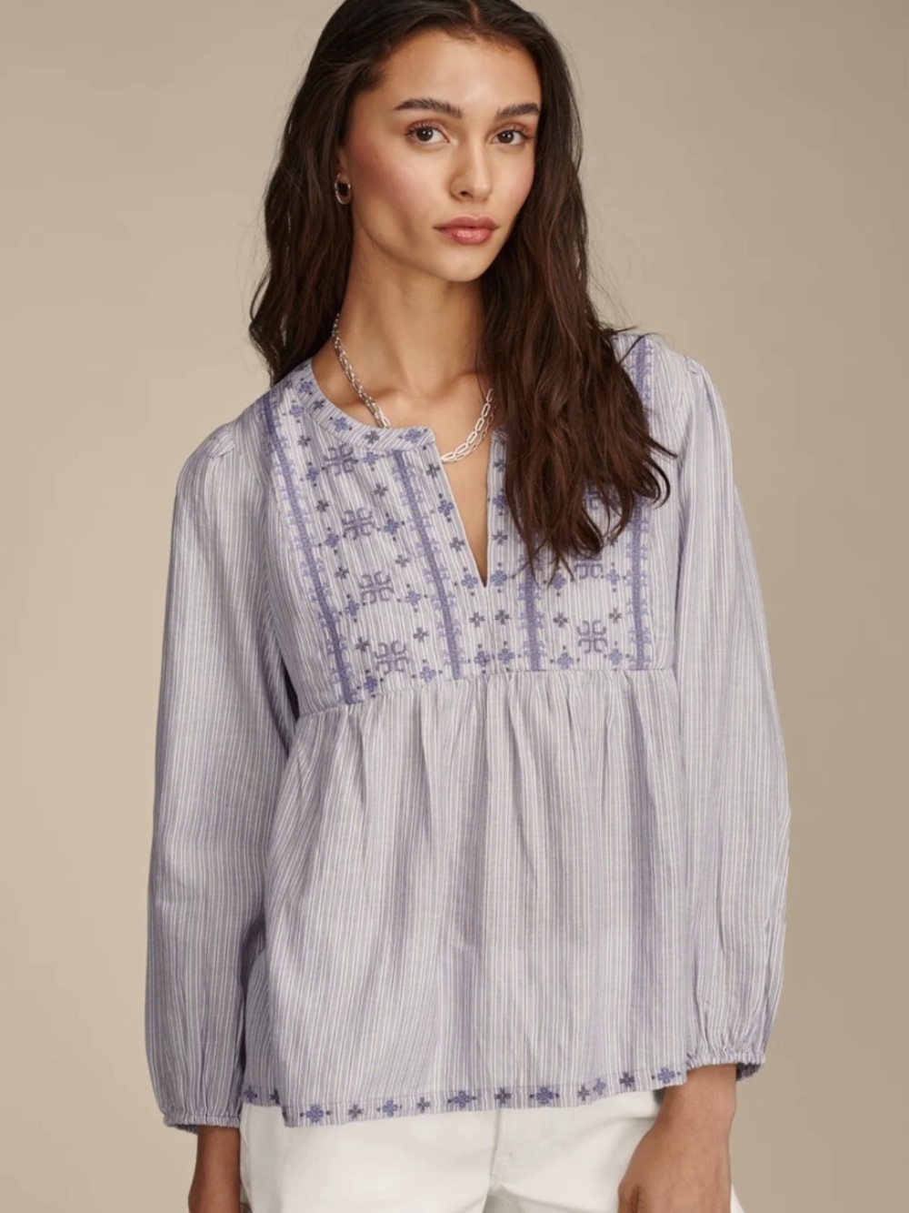Lucky Brand Embroidered Blue-Striped Peasant Blouse